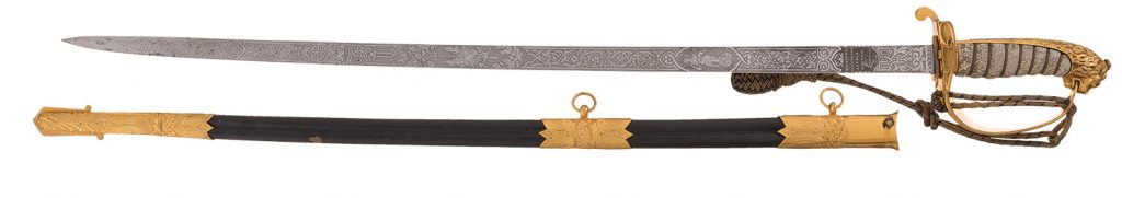 Exceptional Weyersberg & Stamm Solingen Production Gold Washed and Etched Damascus Sword, with Presentation Markings