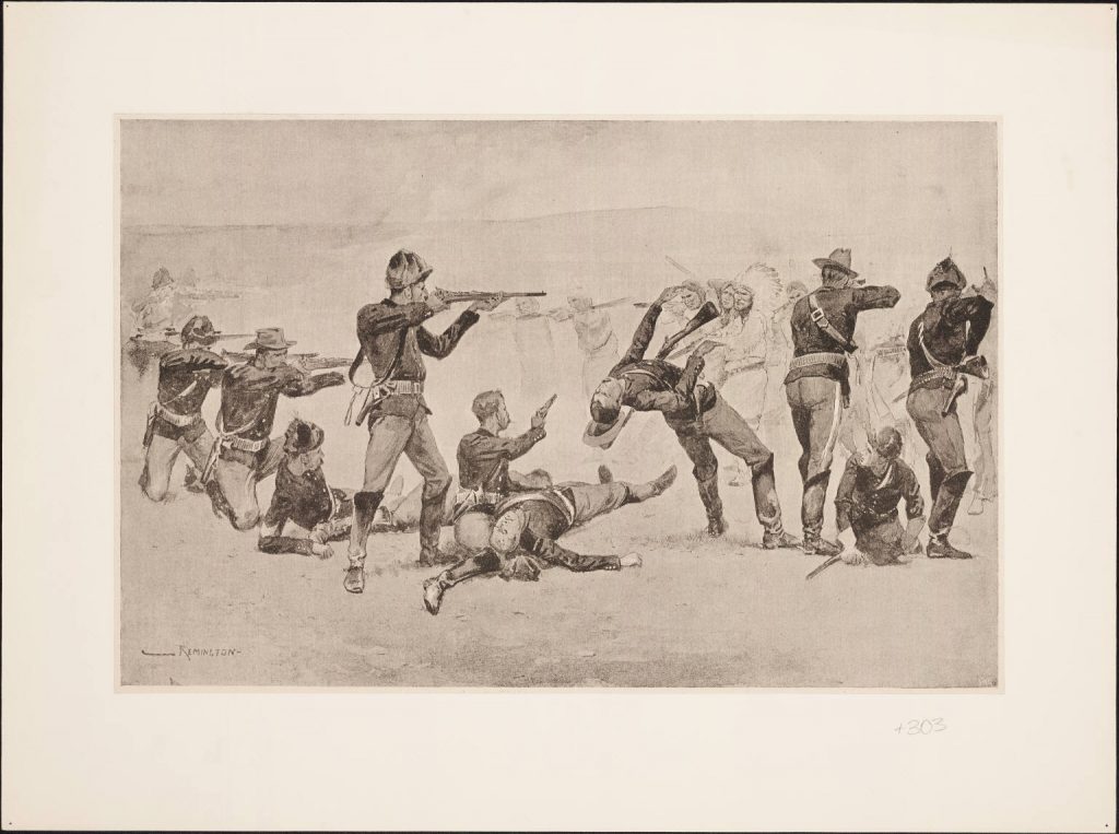 The opening of the fight at Wounded Knee by Frederic Remington, 1891